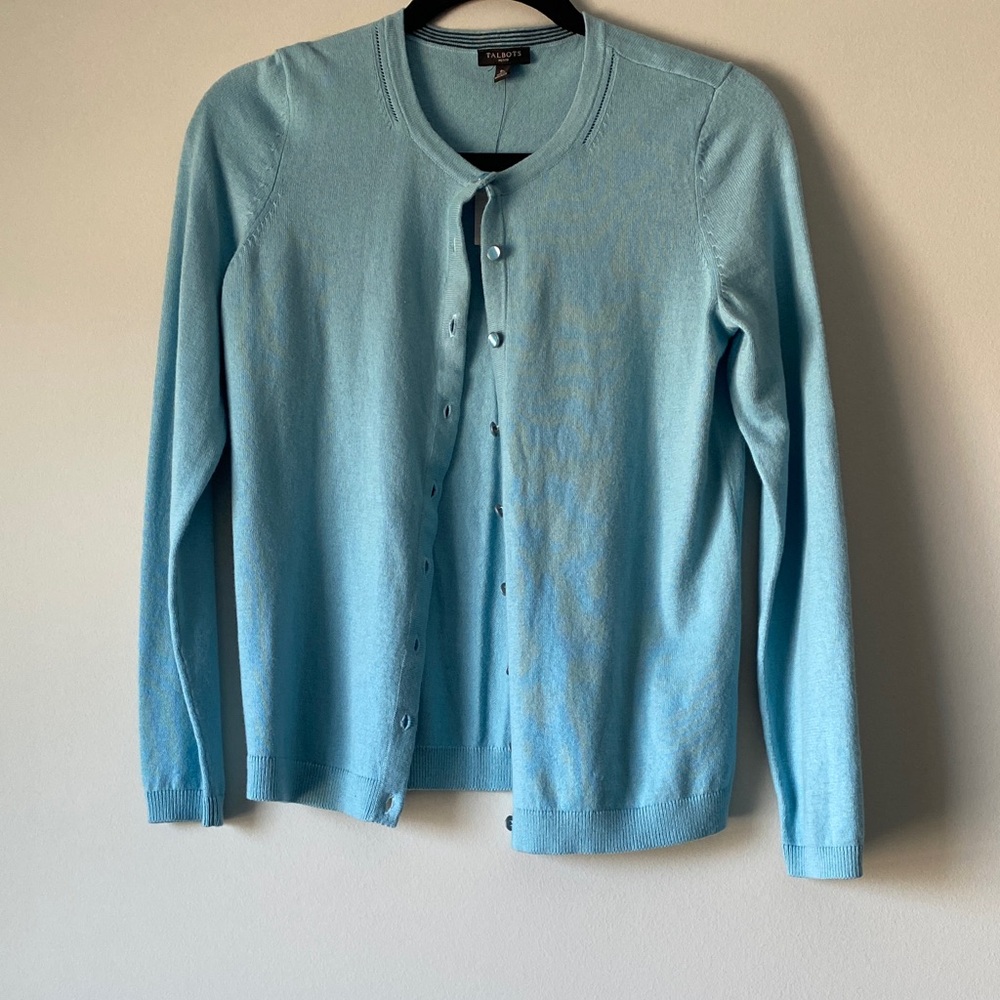 Talbots Pinterest Blue Cardigan with stripe details Sp NWT (with inspo pics)